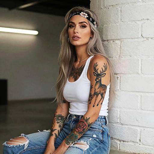 Stylish Woman with Deer and Floral Tattoos in Casual White Tank Top and Ripped Jeans