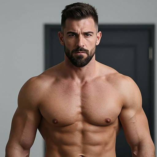 Muscular Shirtless Man with Beard and Intense Expression
