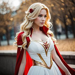 Fantasy Woman in Red and White Costume with Rose Hair Accessory Outdoors