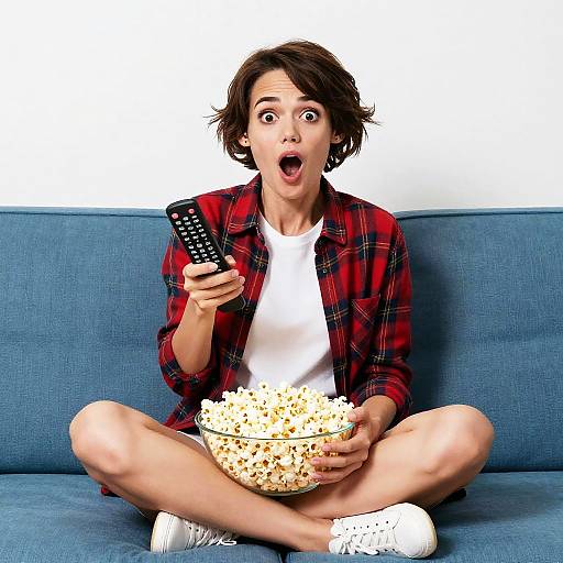 Surprised Young Woman Watching TV with Popcorn on Couch
