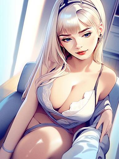 Anime Style Digital Illustration of Blonde Woman in White Lingerie Sitting Indoors