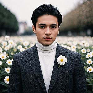 Stylish Young Man in Grey Suit with Daisies