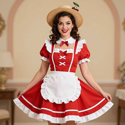 Vintage Red and White Maid Costume Woman in Retro Style with Straw Hat