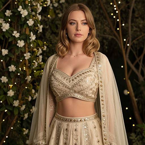 Elegant Woman in Embroidered Cream Lehenga with Gold Detailing