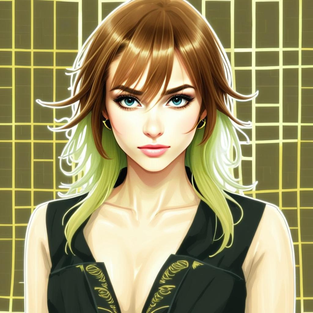 Anime Portrait of Woman with Blue Eyes and Green-Tipped Hair