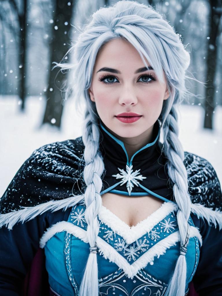Woman in Winter Costume in Snowy Forest