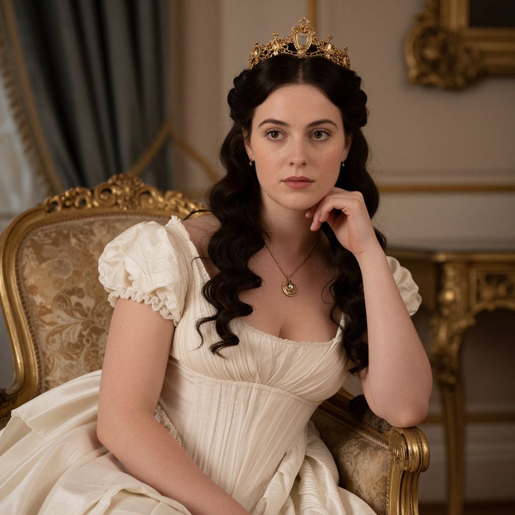 Regal Woman in Vintage Cream Gown and Golden Tiara Sitting on Ornate Chair
