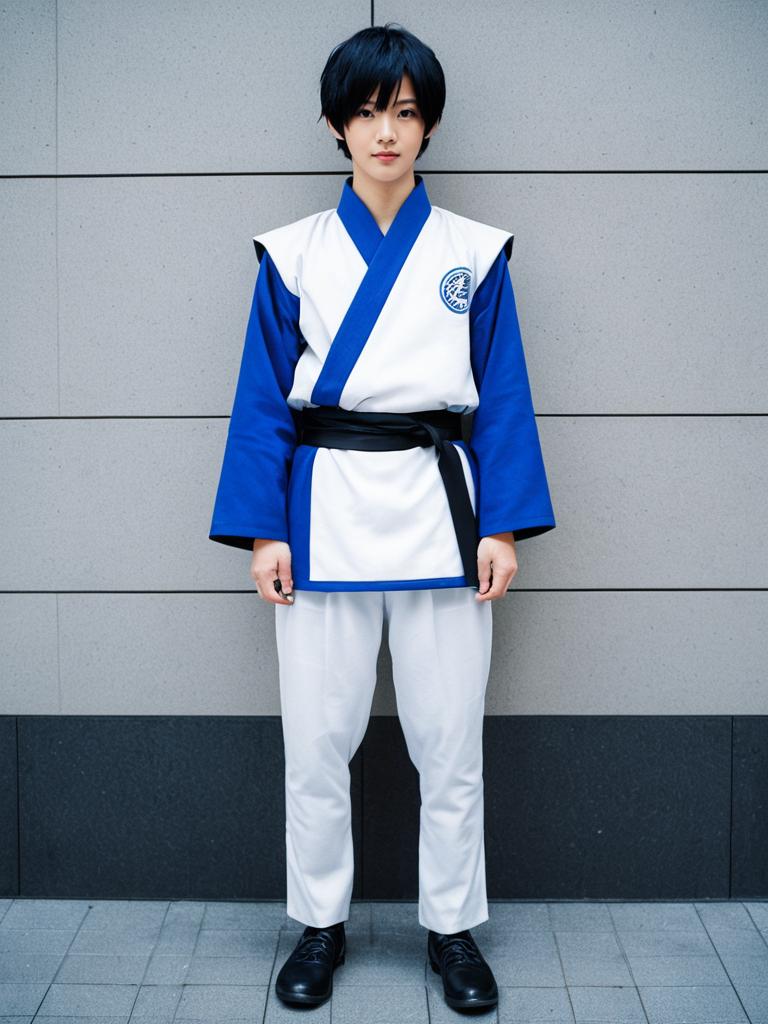 Young Man in Blue and White Martial Arts Uniform with Black Belt