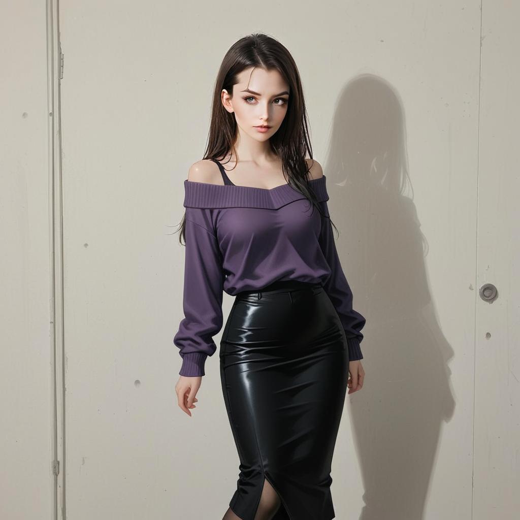 Stylish Woman in Purple Off-Shoulder Top and Black Leather Skirt