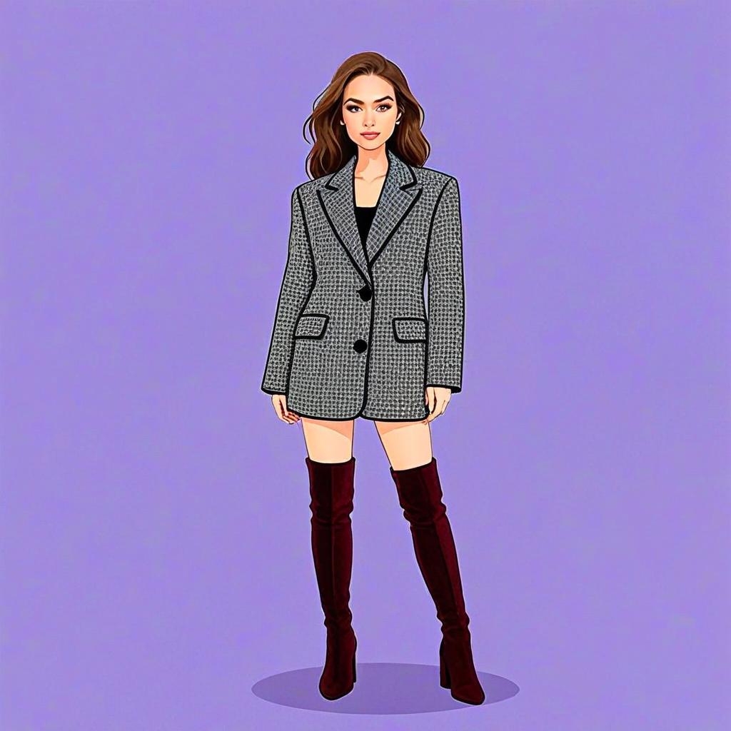 Woman with Pretty Face Wearing Houndstooth Blazer and Chunky Heeled Thigh-High Boots Illustration