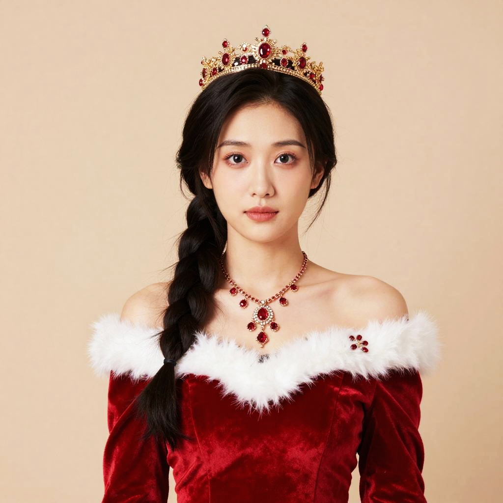 Young Woman in Red Velvet Royal Dress with Crown and Jewelry