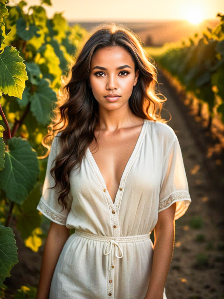 Confident Woman in Vineyard at Sunset