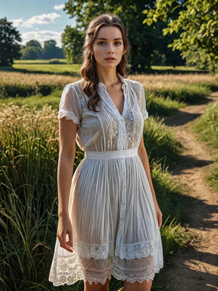 Young Woman in White Dress in Sunlit Field