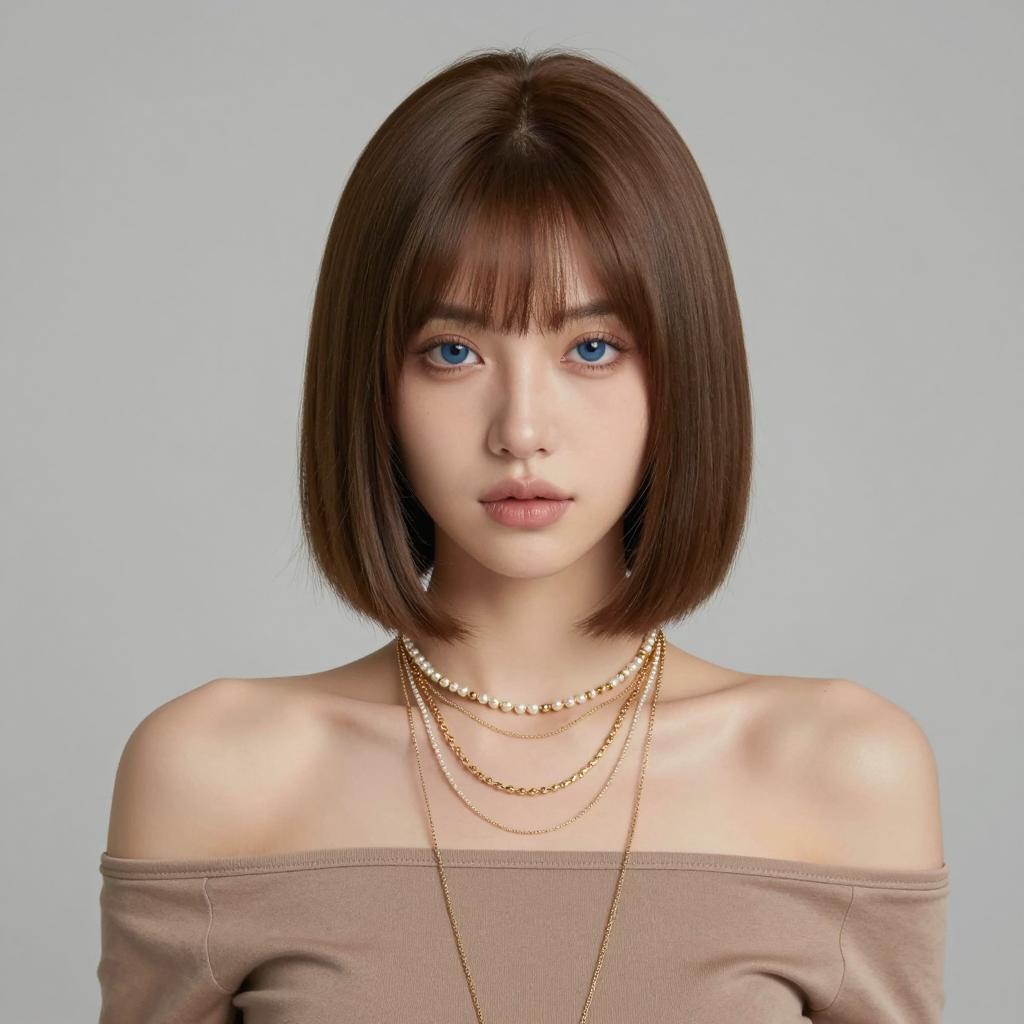 Portrait of Woman with Blue Eyes and Layered Necklaces in Off-Shoulder Taupe Top