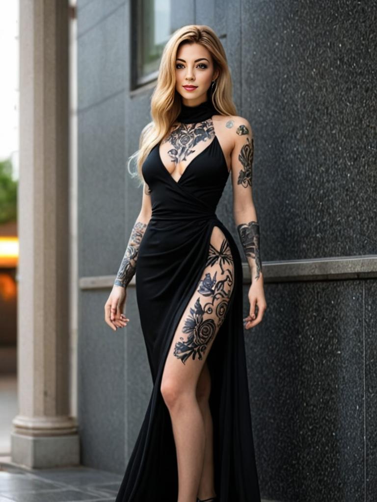 Stylish Woman in Elegant Black Gown Against Modern Architecture