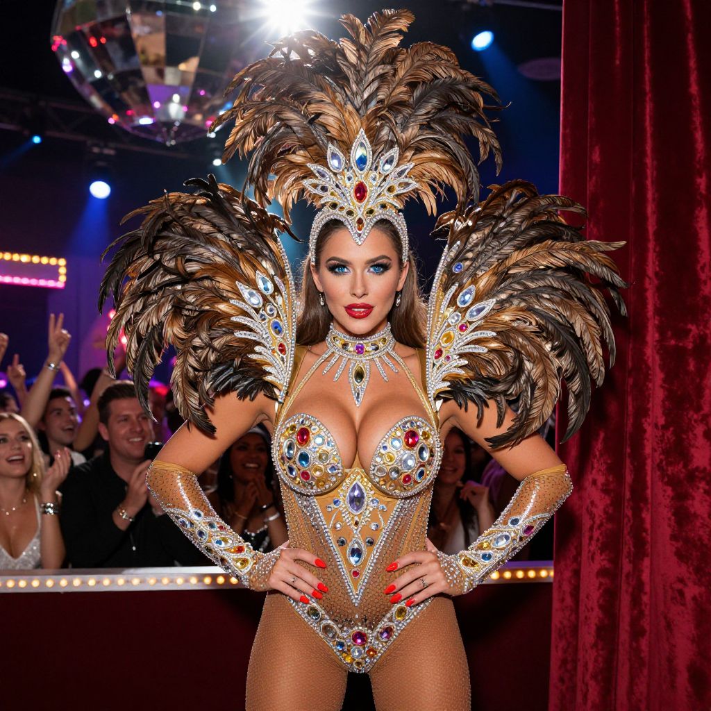 Glamorous Showgirl in Feathered and Jeweled Costume in Nightclub