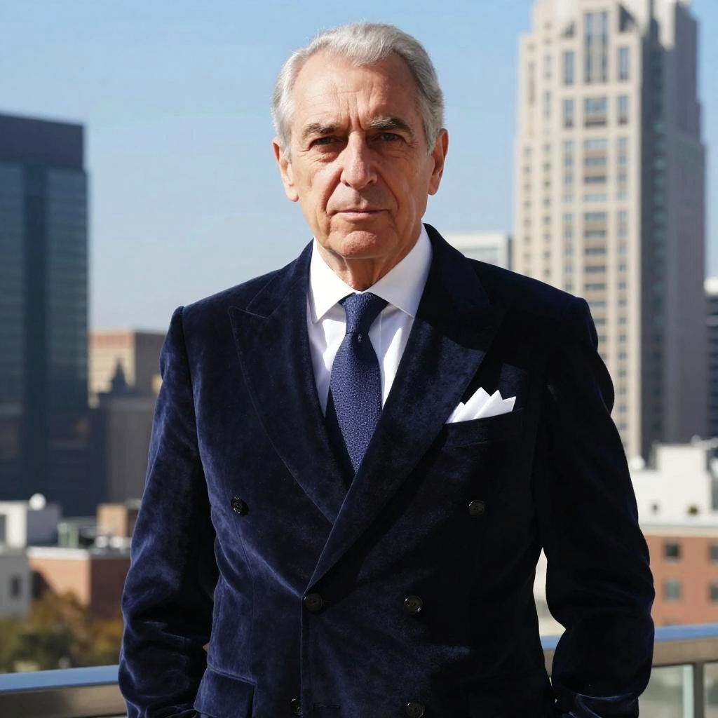 Older Man in Navy Velvet Suit with City Skyline Background