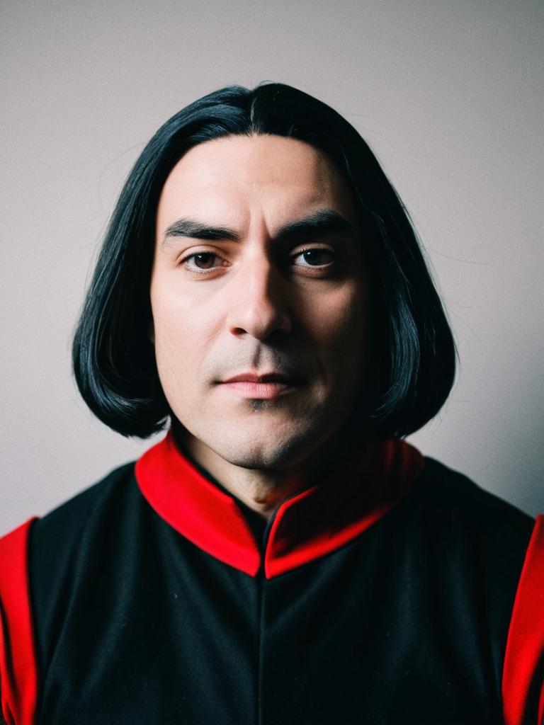 Man in Black and Red Outfit with Bob Hairstyle