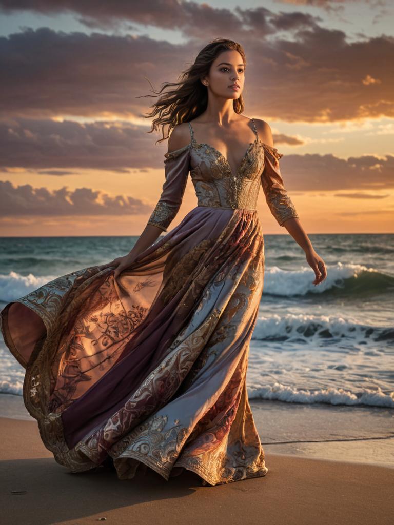 Elegant Woman in Artistic Gown at Sunset Beach