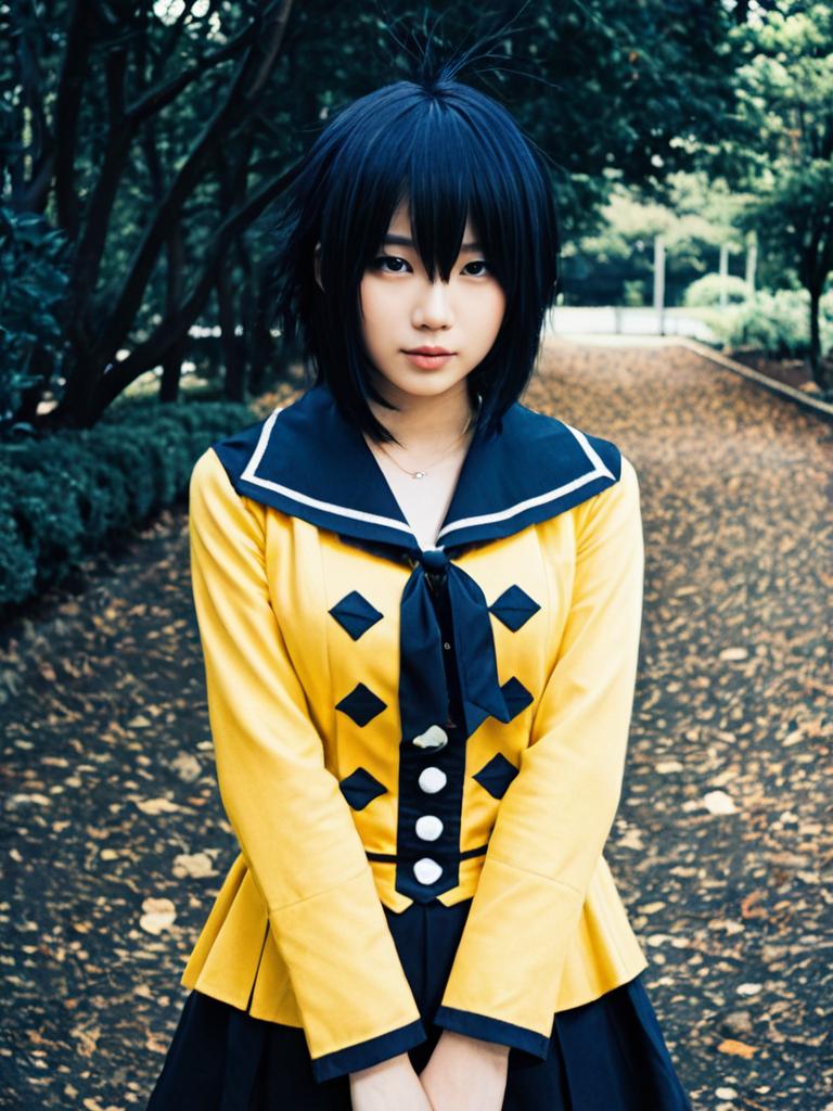 Woman Cosplaying Nico Himuro in Yellow Sailor Style Costume Outdoors