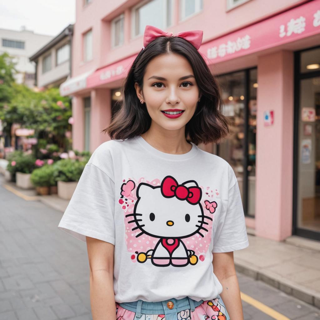 Woman in Stylish Hello Kitty Outfit on City Street