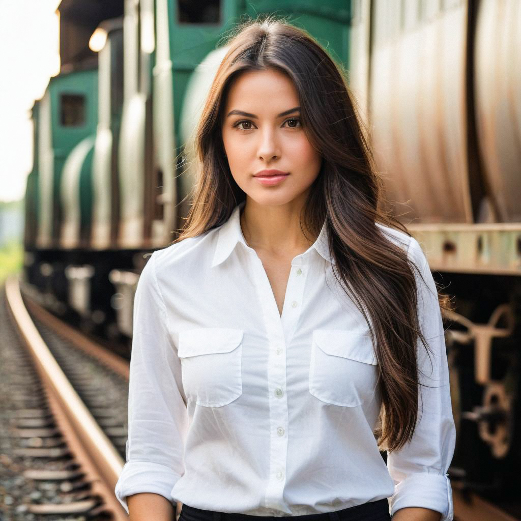 Confident Woman on Railway Track by Vintage Train