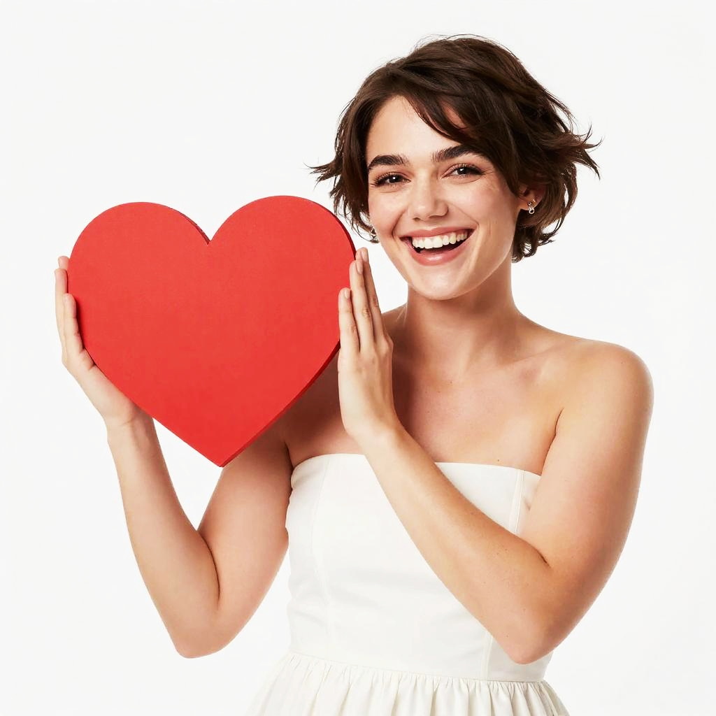 Happy Young Woman Holding Red Heart Against White Background Gen Z Style