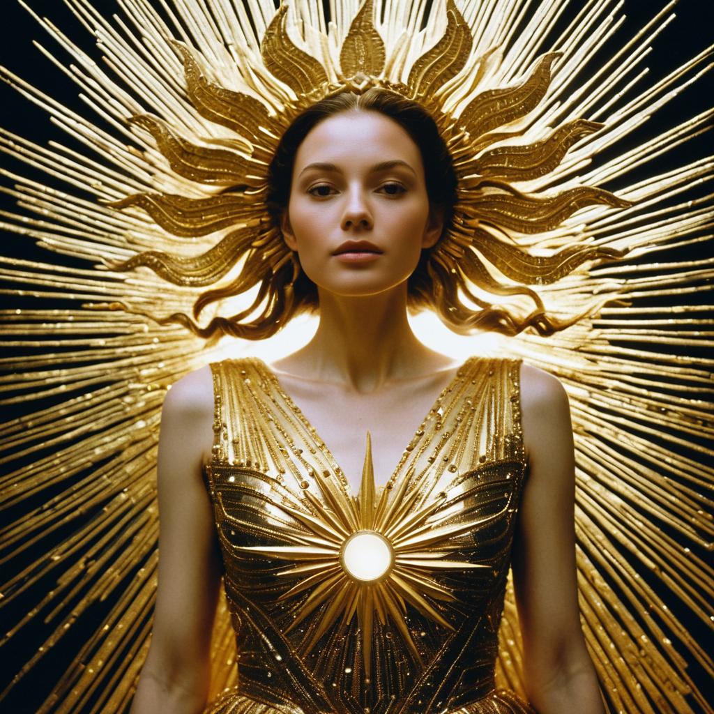 Radiant Woman in Golden Sunray Headdress and Dress