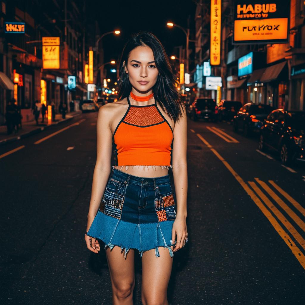 Urban Night Fashion Portrait of Woman in Orange Crop Top and Denim Skirt