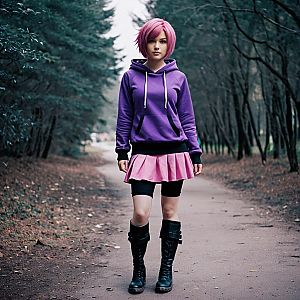 Young Woman with Pink Hair in Purple Hoodie Walking on Forest Path
