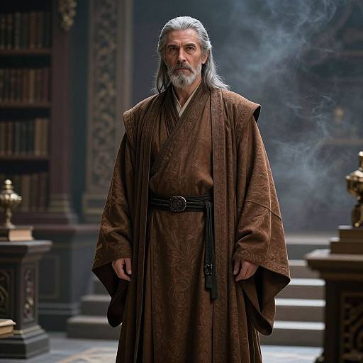 Elderly Man in Ornate Brown Robe in Mystical Library Setting
