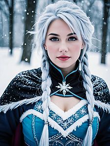 Woman in Winter Costume in Snowy Forest