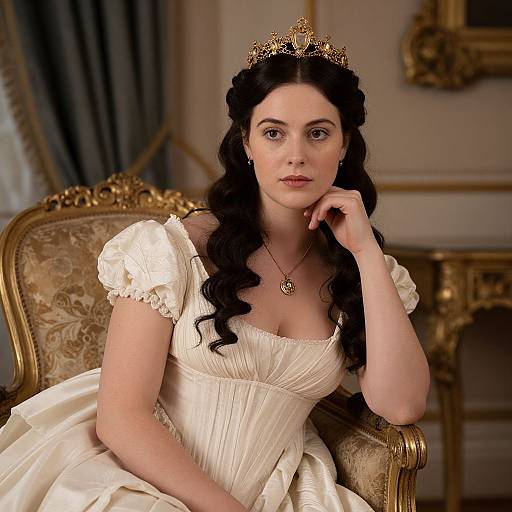 Regal Woman in Vintage Cream Gown and Golden Tiara Sitting on Ornate Chair