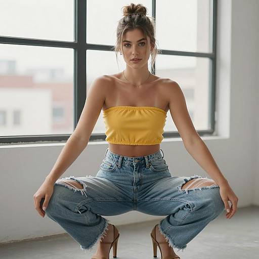 Trendy Gen Z Woman in Yellow Tube Top and Ripped Jeans Indoor Fashion
