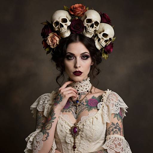 Vintage Gothic Woman with Skull and Rose Headdress in Lace Dress