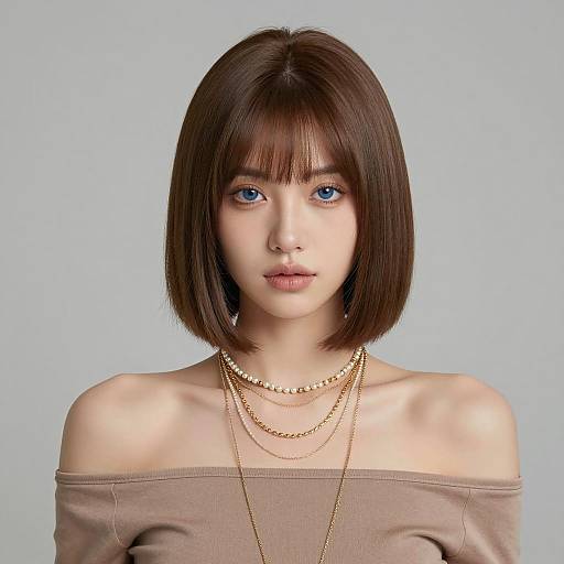 Portrait of Woman with Blue Eyes and Layered Necklaces in Off-Shoulder Taupe Top