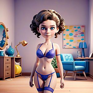 3D Woman in Blue Lace Lingerie in Modern Living Room