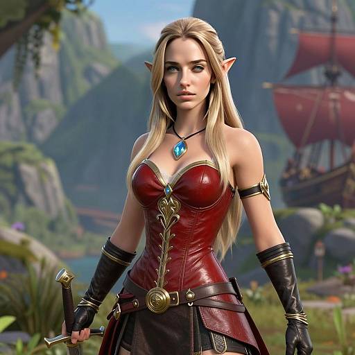Fantasy Elf Woman Warrior in Red Leather Corset Holding Sword