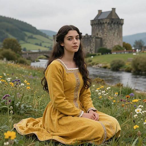 Young Woman in Medieval Dress Sitting by River with Castle Background