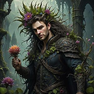 Fantasy Portrait of a Man in Armor with Lotus in Ancient Ruins