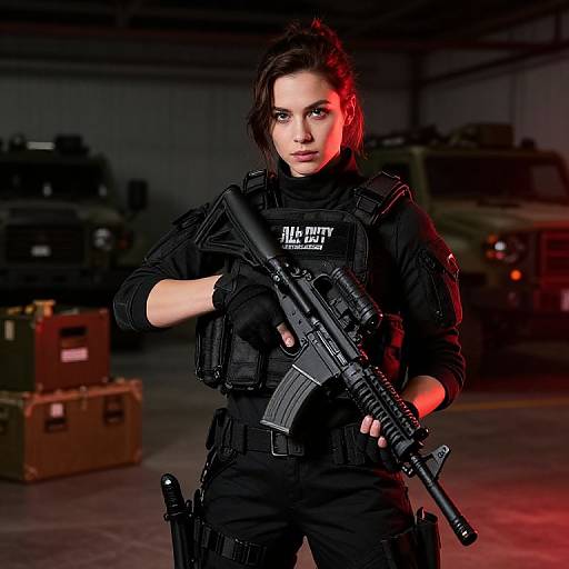 Tactical Woman Soldier Holding Assault Rifle in Military Hangar
