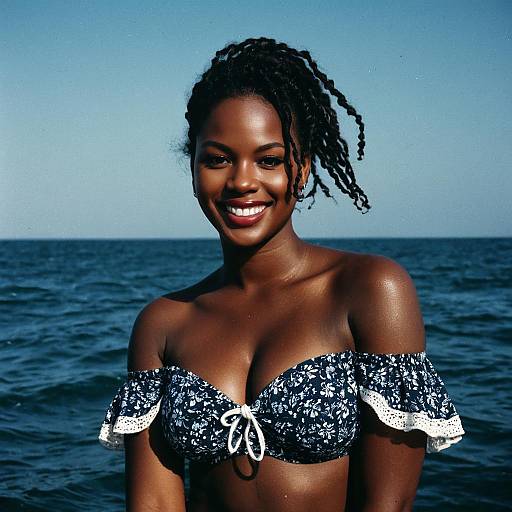 Smiling Woman in Blue Floral Bikini by the Ocean