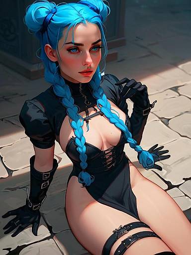 Digital Anime Style Woman with Blue Braided Hair in Gothic Outfit Sitting