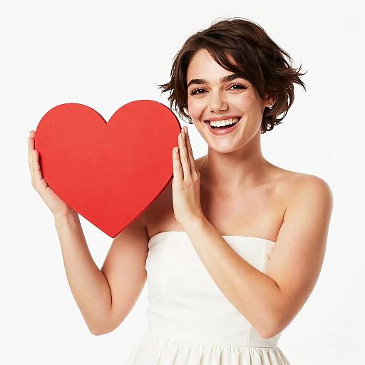 Happy Young Woman Holding Red Heart Against White Background Gen Z Style