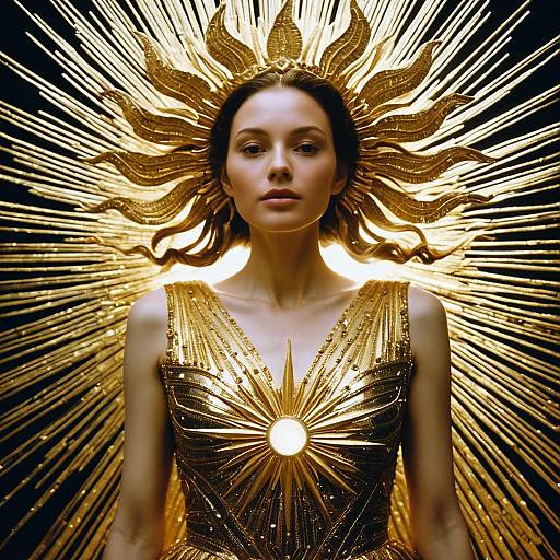 Radiant Woman in Golden Sunray Headdress and Dress
