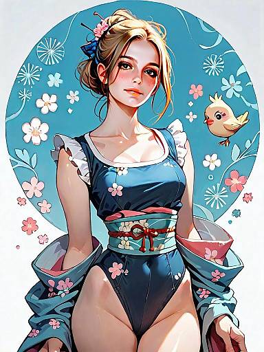 Anime Style Woman Wearing Classic Black One-Piece Swimsuit with Floral Obi Belt