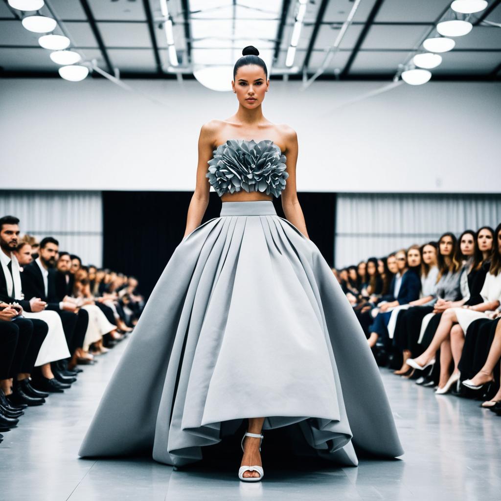Elegant Woman in Silver-Gray High Fashion Dress on Runway