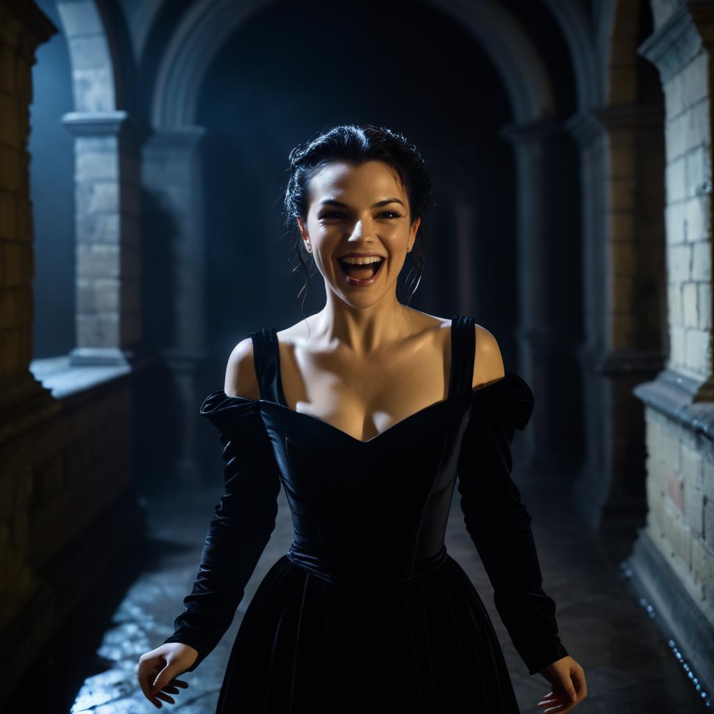 Elegant Woman in Black Gown in Gothic Corridor