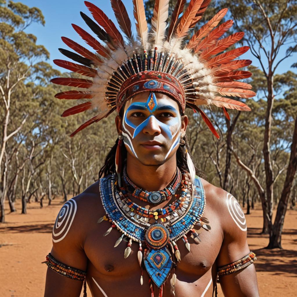 Native American man in traditional headdress in desert