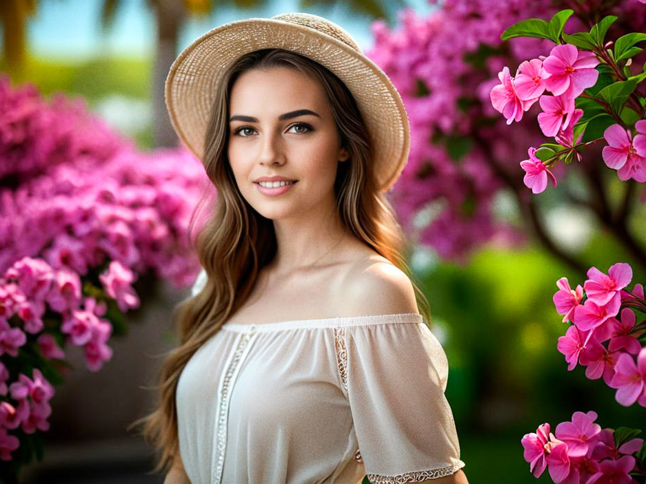 Woman in Straw Hat Among Pink Flowers